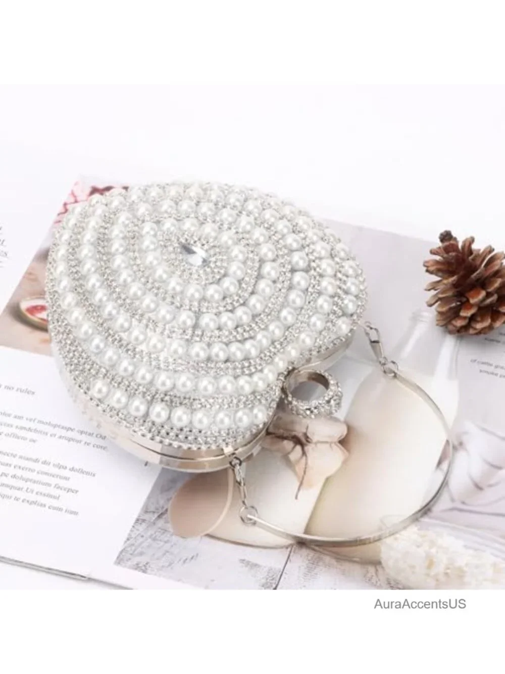 Heart Shape Pearl Crystal Clutch Evening Bag Wedding Prom Party Purse